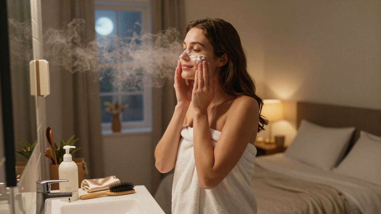Mulher aplica creme no rosto no banheiro à noite, com toalha branca e vapor no espelho.