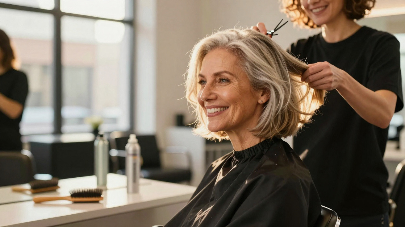 Mulher sorridente de cabelo grisalho a ser penteada por cabeleireira num salão de cabeleireiro moderno.