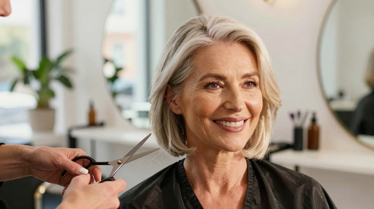 Mulher sorridente com cabelo louro curto a ser cortado num cabeleireiro moderno e luminoso.