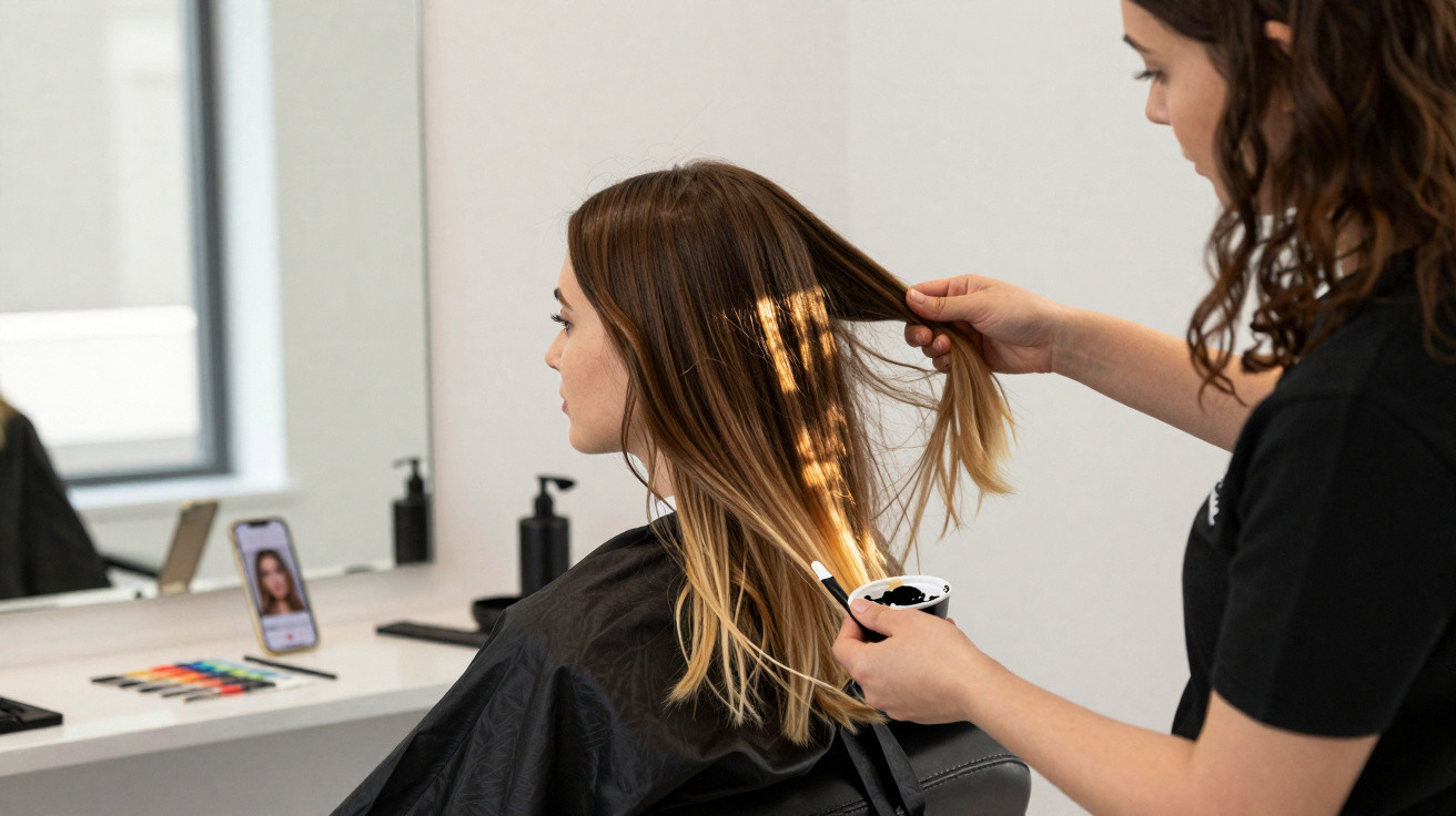 Mulher sentada no cabeleireiro a fazer coloração, segurando o cabelo e aplicando produto.