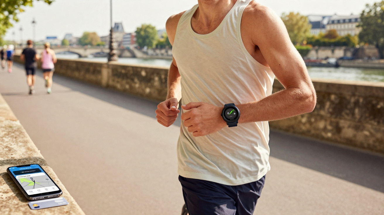 Homem a correr à beira de um rio com smartwatch e telemóvel com app de corrida visível numa mesa.