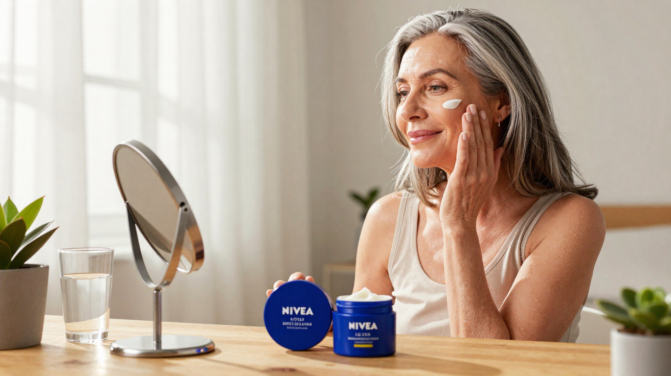 Mulher madura a aplicar creme hidratante NIVEA no rosto, sentada à mesa com espelho à frente.
