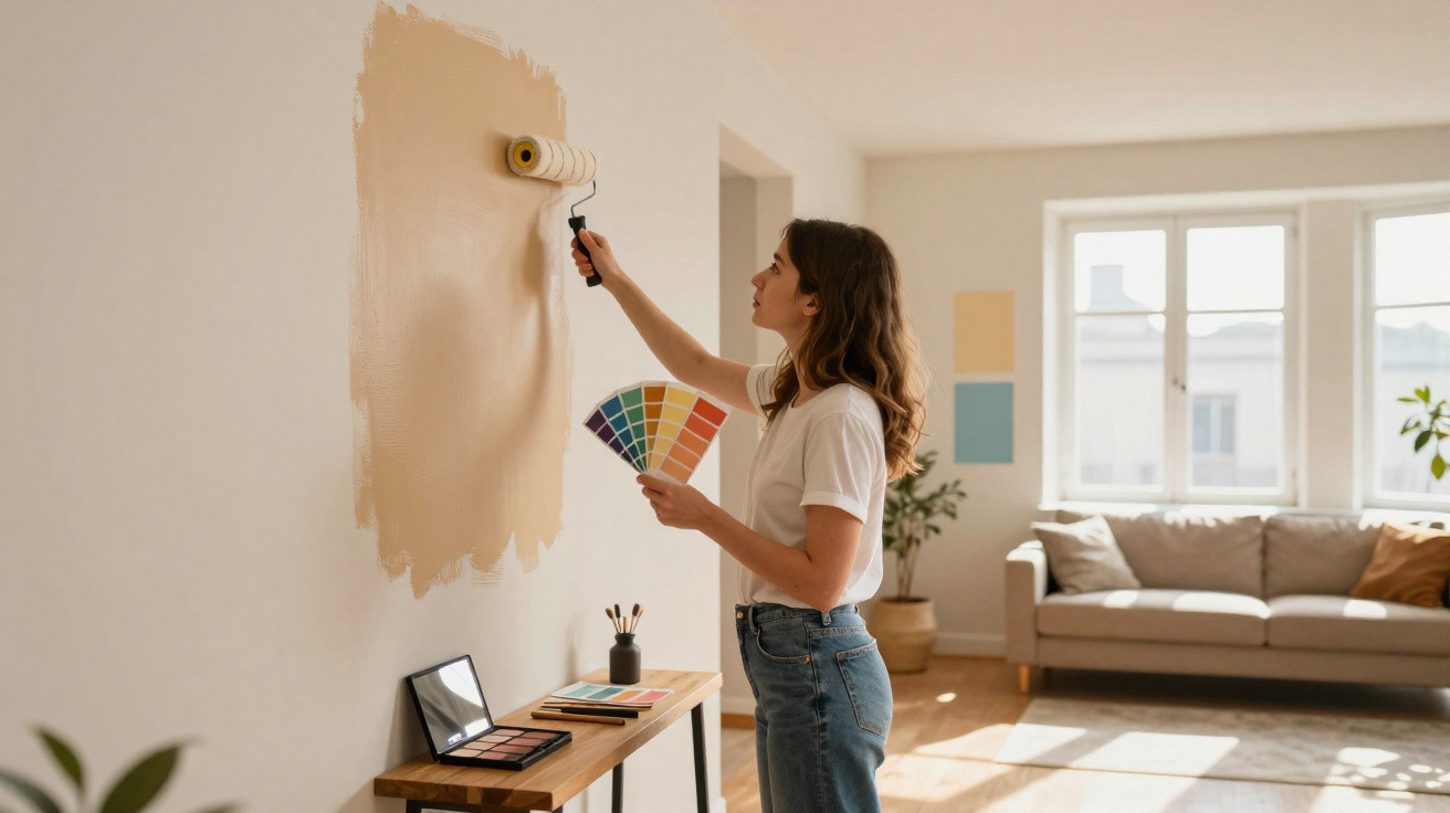 Mulher pinta parede de bege com rolo, segurando amostras de cores numa sala com sofá e janelas grandes.