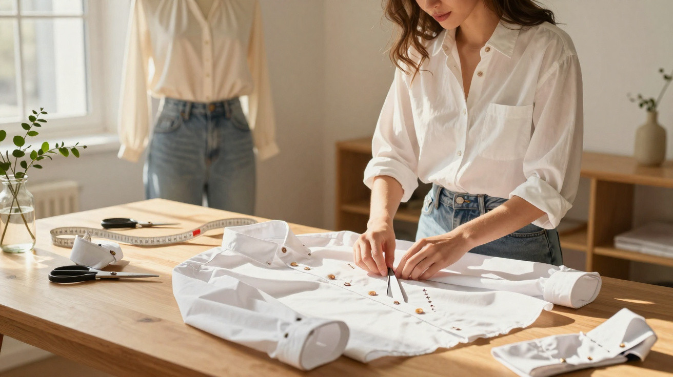 Pessoa a medir e ajustar uma camisa branca numa mesa de madeira num atelier de costura iluminado.
