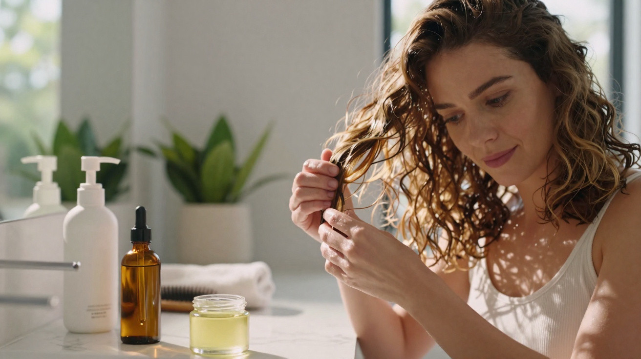 Mulher a aplicar óleo capilar no cabelo num ambiente luminoso e tranquilo, com produtos de beleza na bancada.