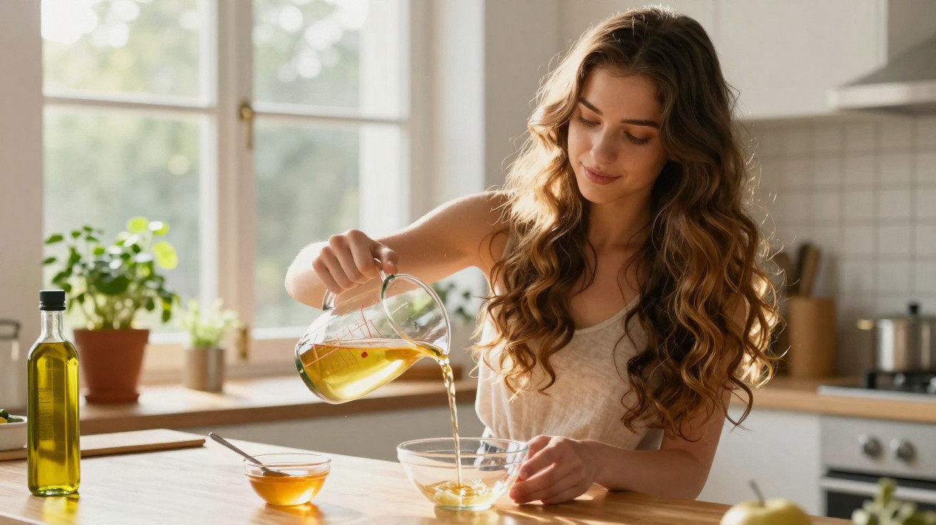 Mulher a verter óleo de um jarro para uma taça de vidro numa cozinha luminosa com plantas na janela.