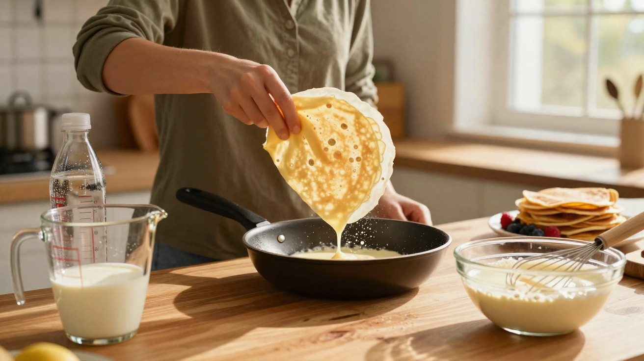 Pessoa a cozinhar crepes numa frigideira numa cozinha com massa e ingredientes na bancada.