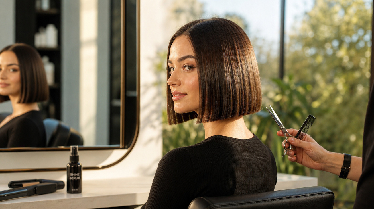 Mulher com cabelo curto e liso sentada numa cadeira de cabeleireiro, prestes a ser aparada.
