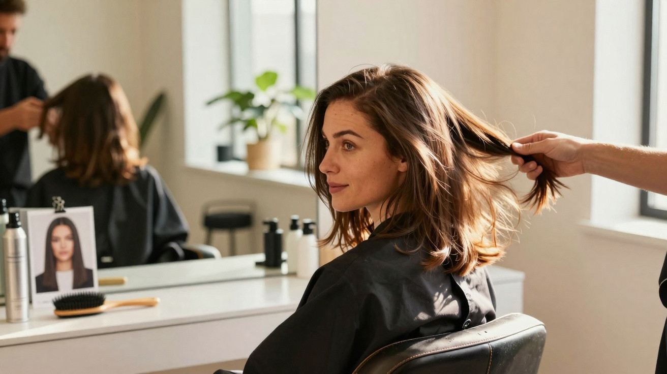 Mulher sentada em cadeira de cabeleireiro, com cabeleireiro a segurar o cabelo dela num salão iluminado.