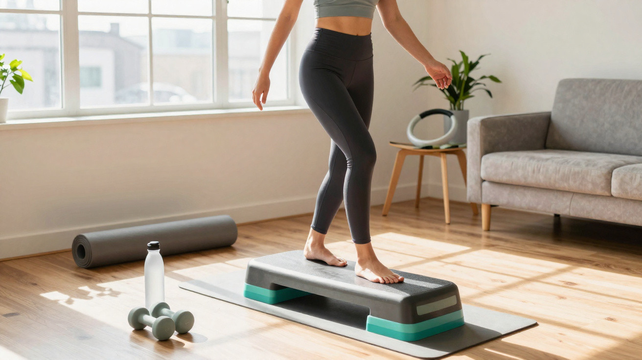 Pessoa a fazer exercício em casa com step, halteres e garrafa de água num ambiente luminoso e acolhedor.