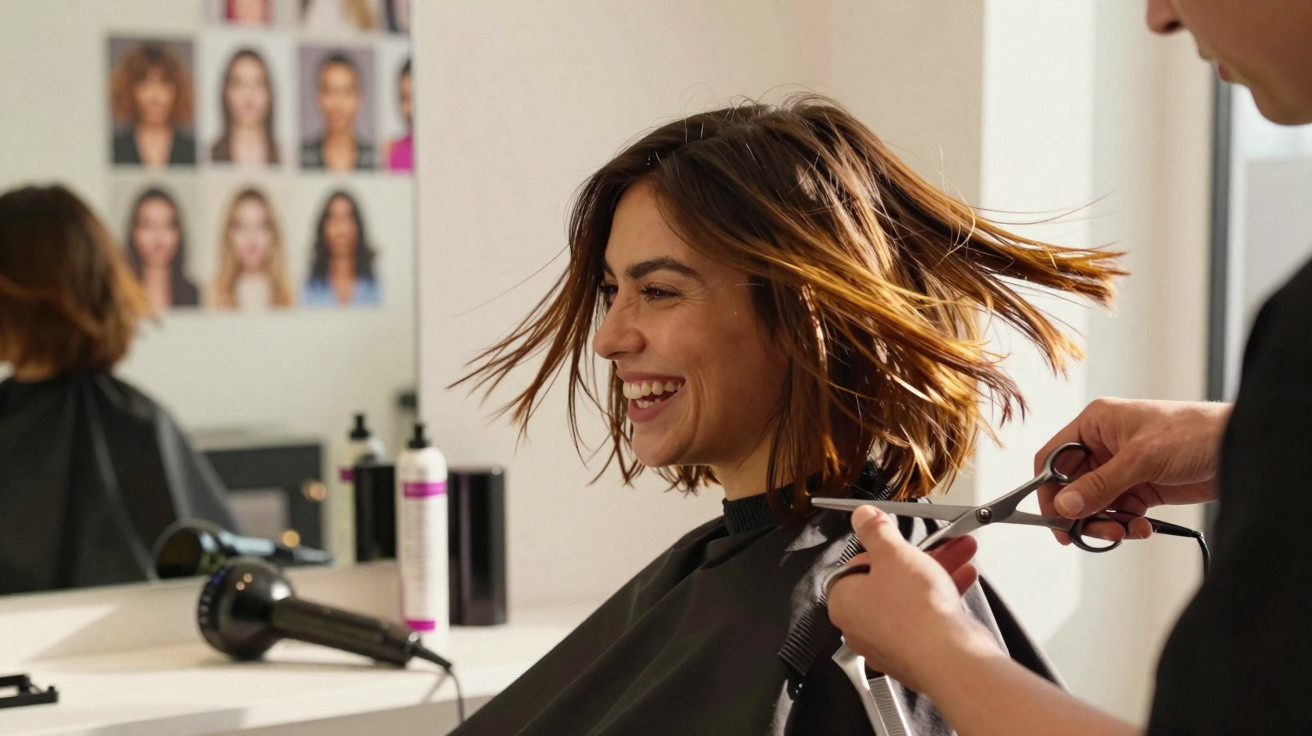 Mulher sorridente a cortar o cabelo num salão de beleza com profissional e espelho ao fundo.
