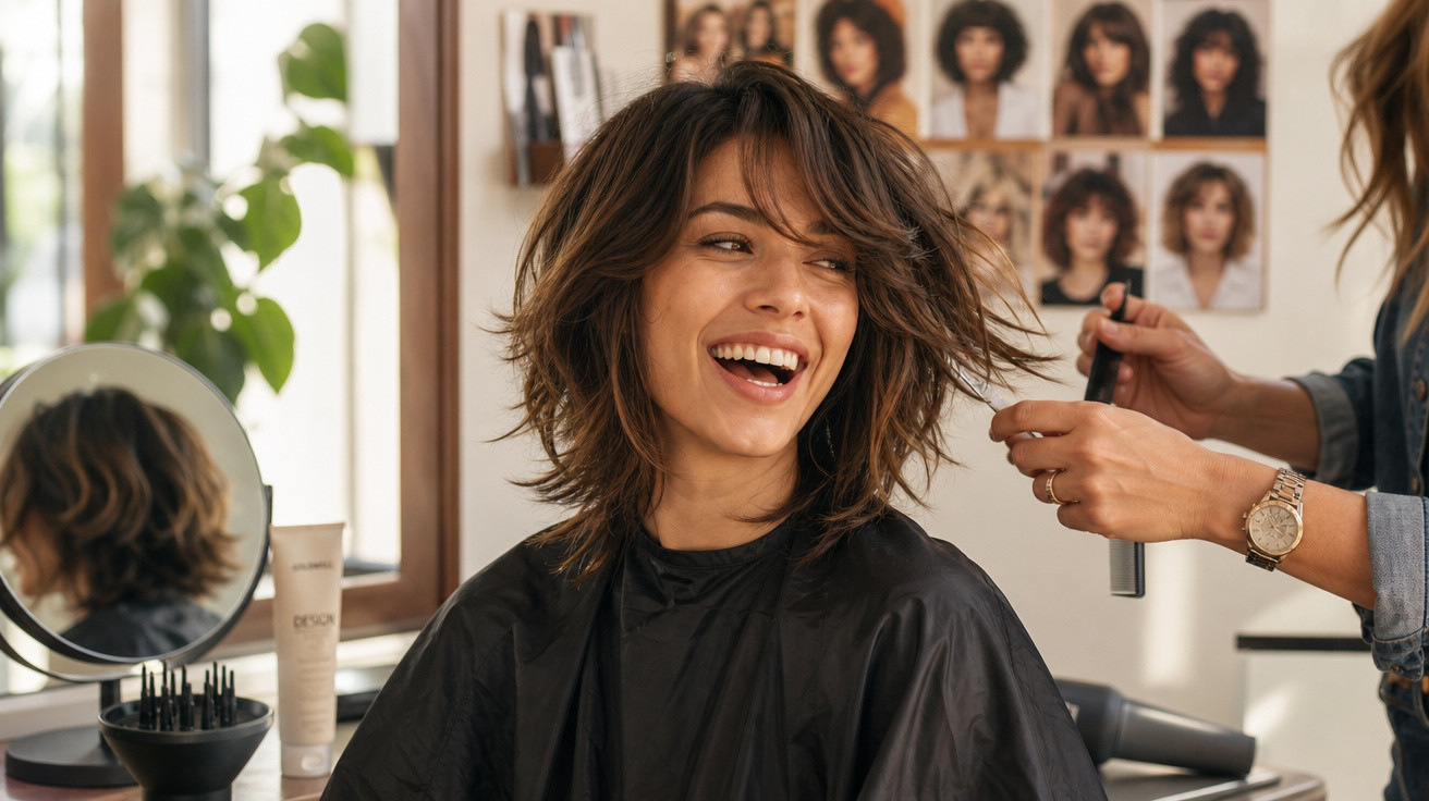 Mulher sorridente com cabelo curto e despenteado sentada numa cabeleireira a ser penteada.