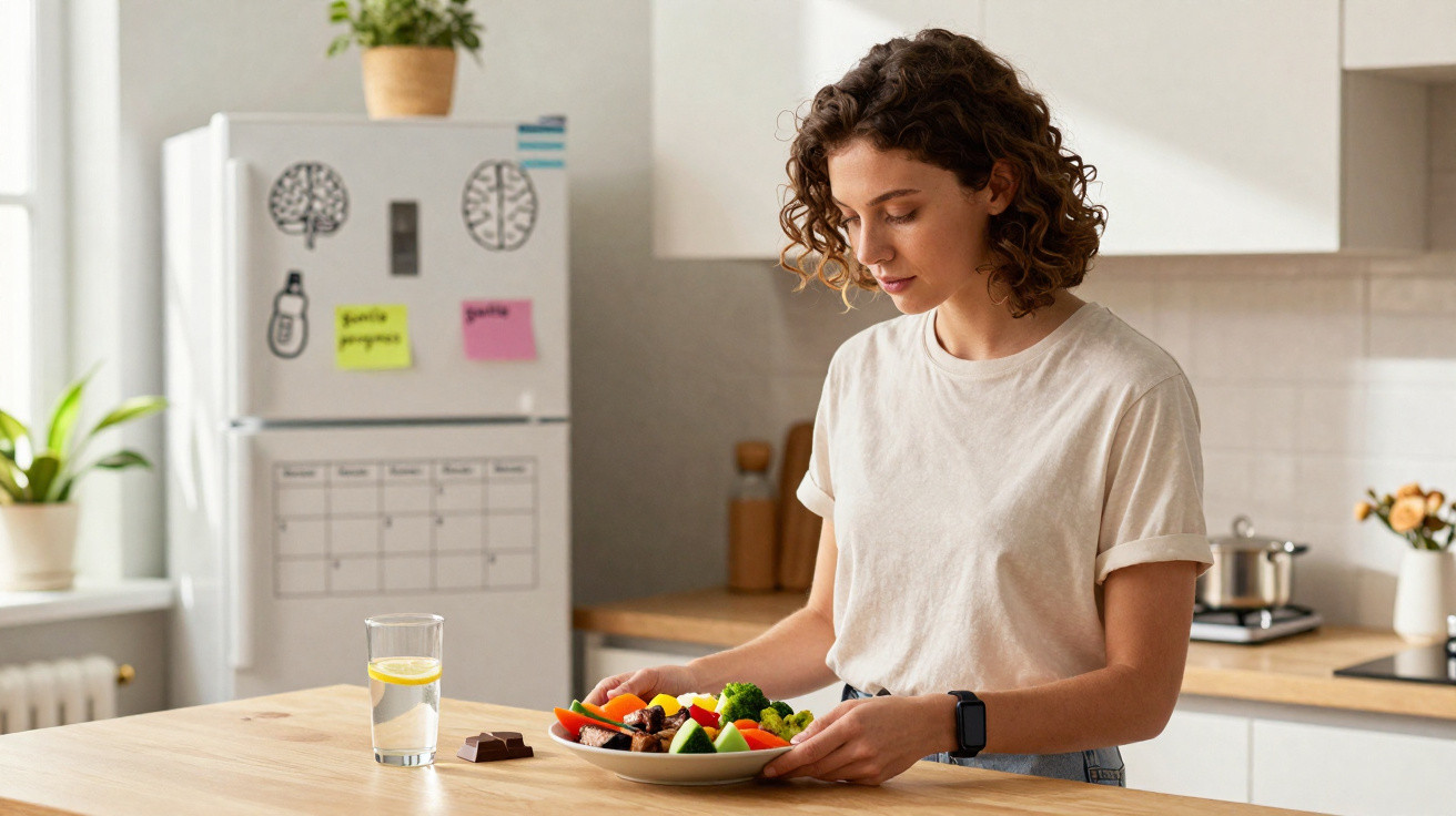 Mulher de cabelo curto e encaracolado olha para prato com salada na cozinha moderna e luminosa.
