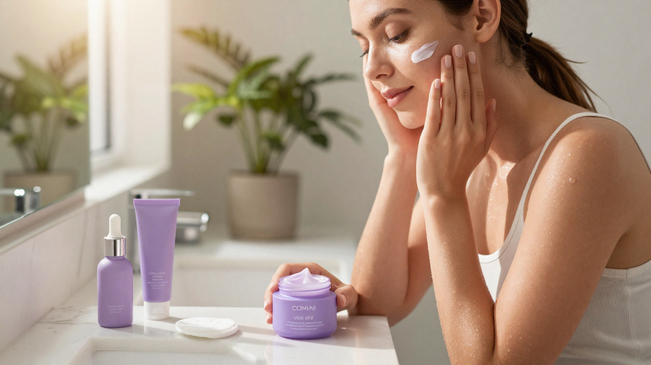 Mulher aplicando creme hidratante facial num ambiente de casa de banho iluminado.