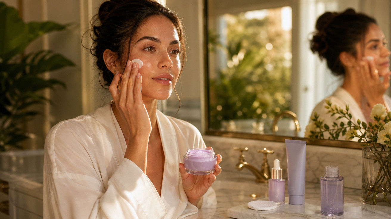 Mulher a aplicar creme hidratante no rosto numa casa de banho com espelho e produtos de skincare.
