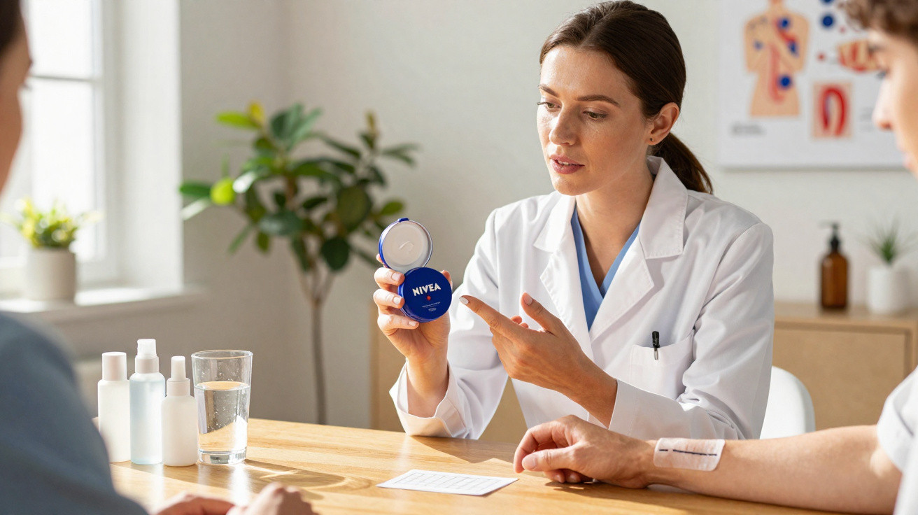 Médica explica uso de creme Nivea a paciente com teste de alergia visível no braço.