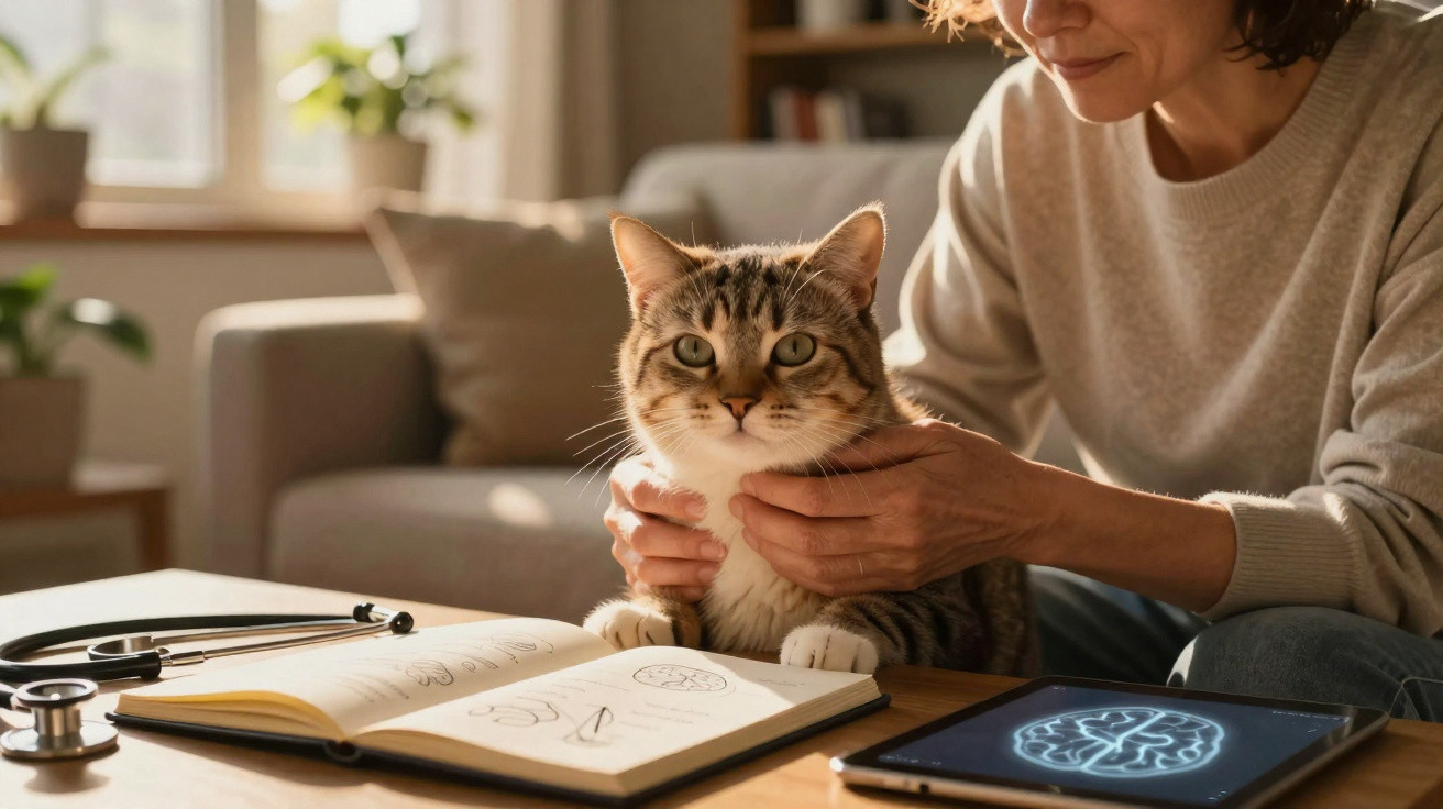Mulher sentada com gato na mesa e livros abertos, numa sala iluminada e acolhedora.