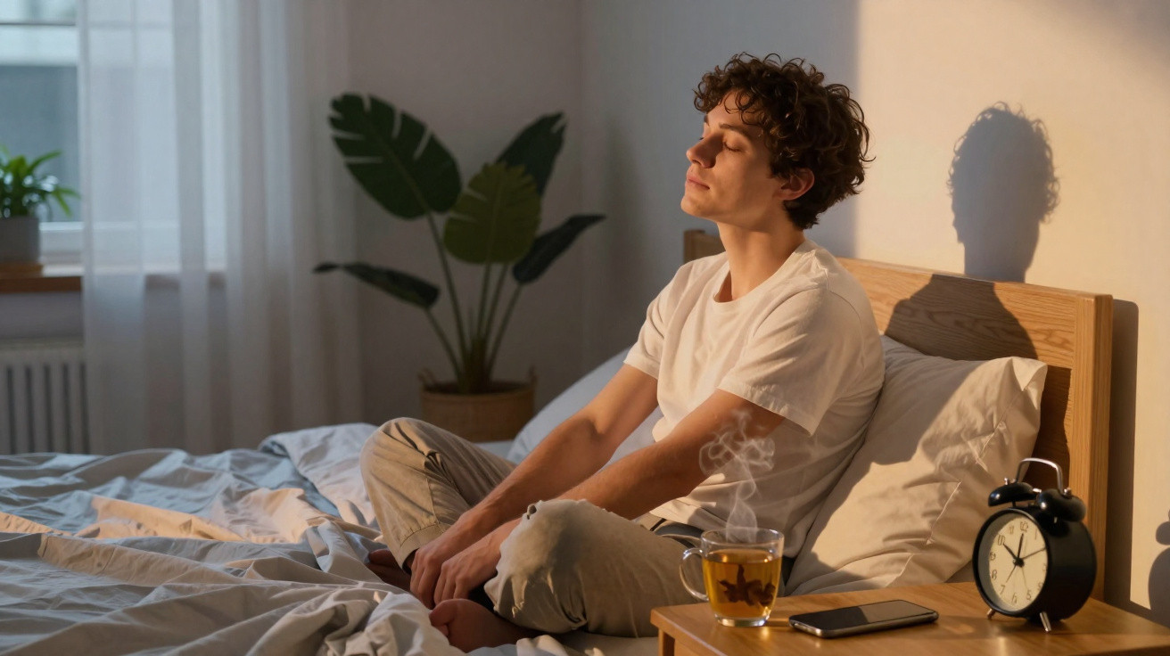 Jovem sentado na cama a meditar com luz do sol, chá quente, telemóvel e despertador na mesa de cabeceira.