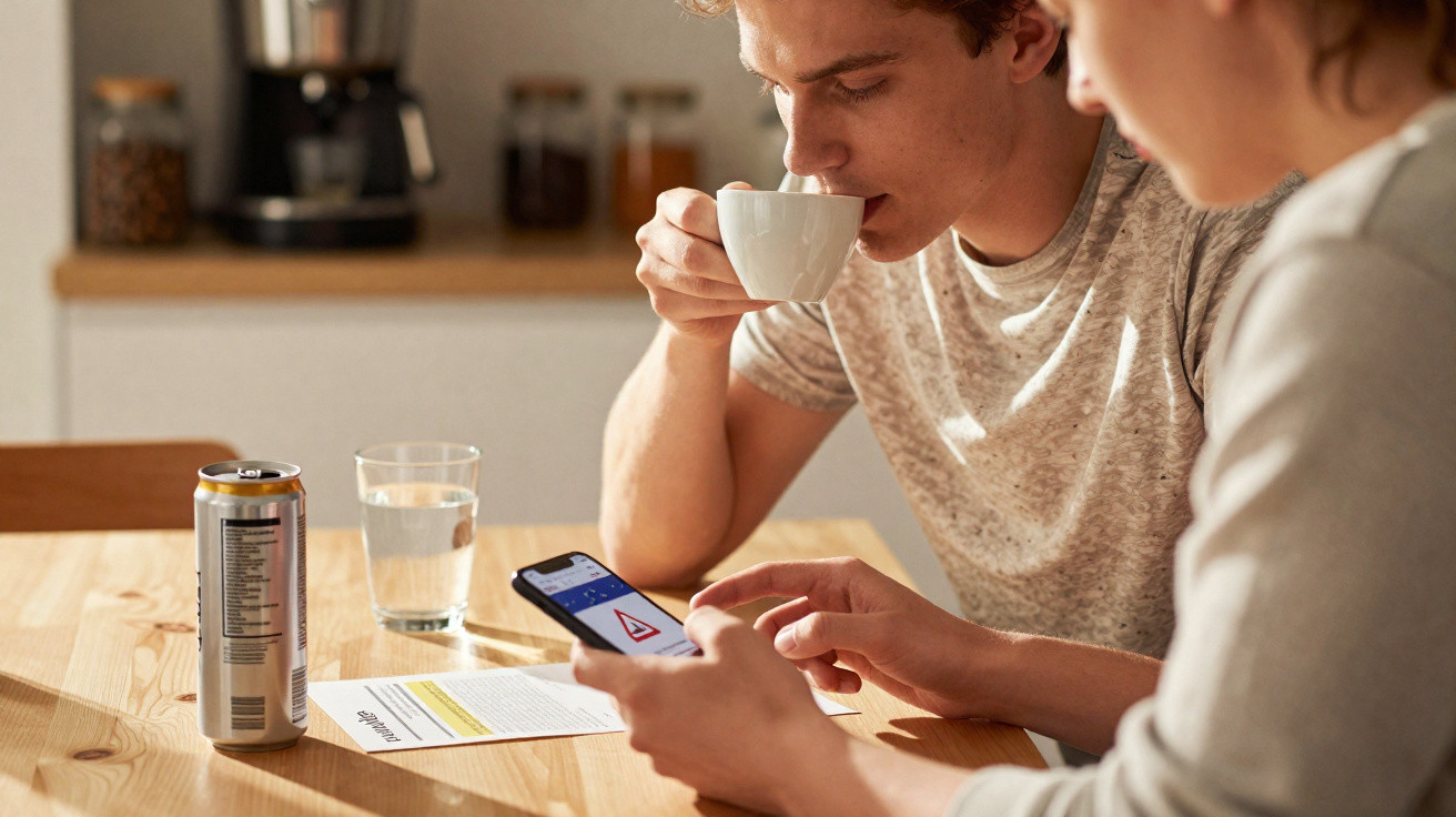 Duas pessoas numa cozinha, uma bebe café e a outra vê algo num smartphone junto a uma lata, copo de água e papel.