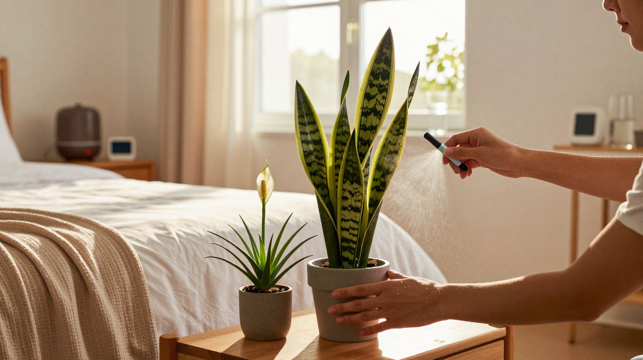 Pessoa a pulverizar água em plantas interiores numa mesa de cabeceira ao lado da cama num quarto iluminado.