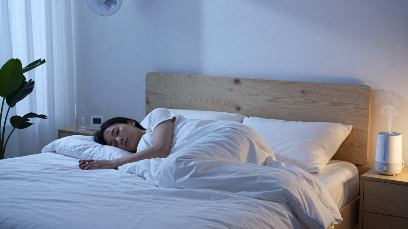 Pessoa a dormir de lado numa cama com lençóis brancos num quarto com humidificador ligado na mesa de cabeceira.