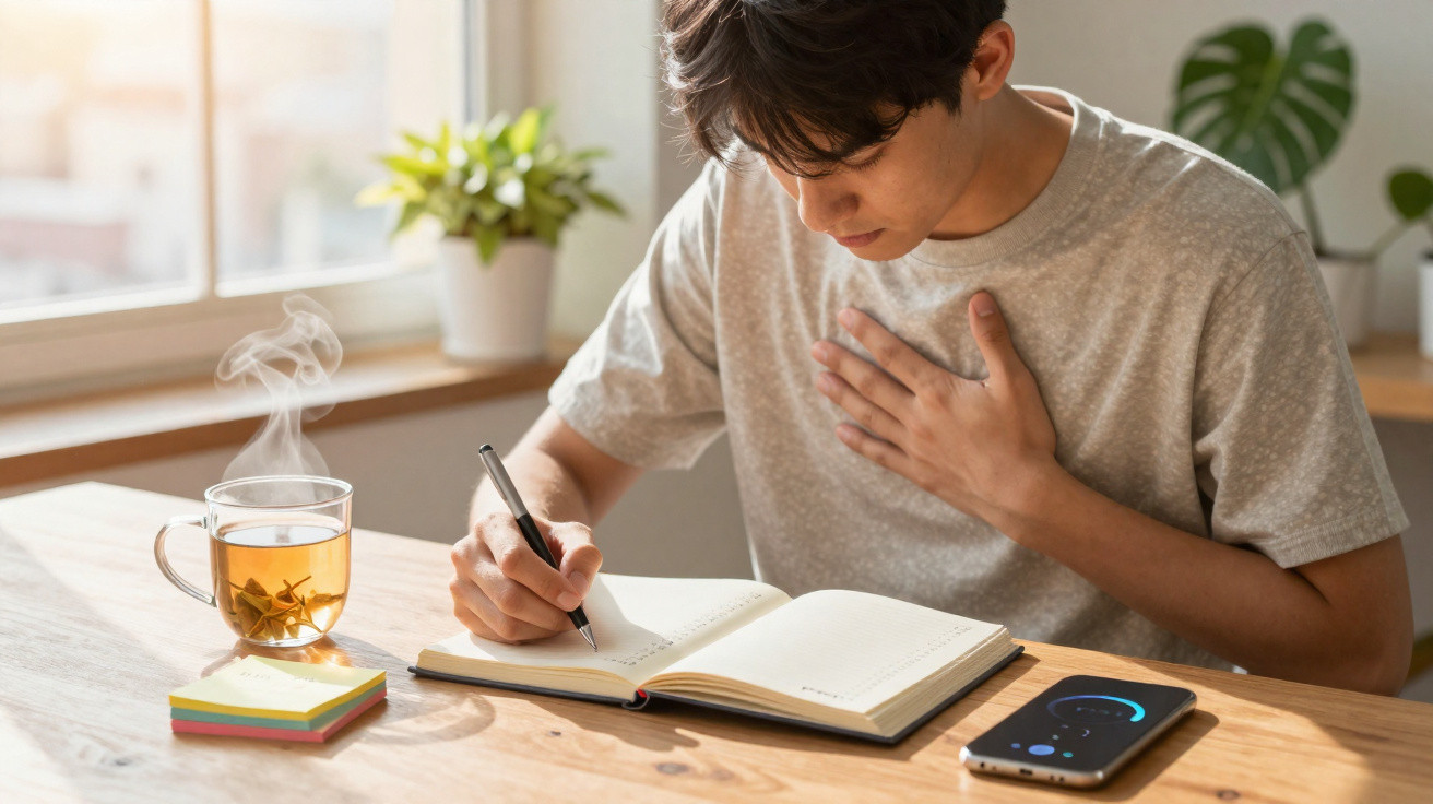 Jovem sentado à mesa a escrever num caderno, com chá quente, notas adesivas e telemóvel à frente.