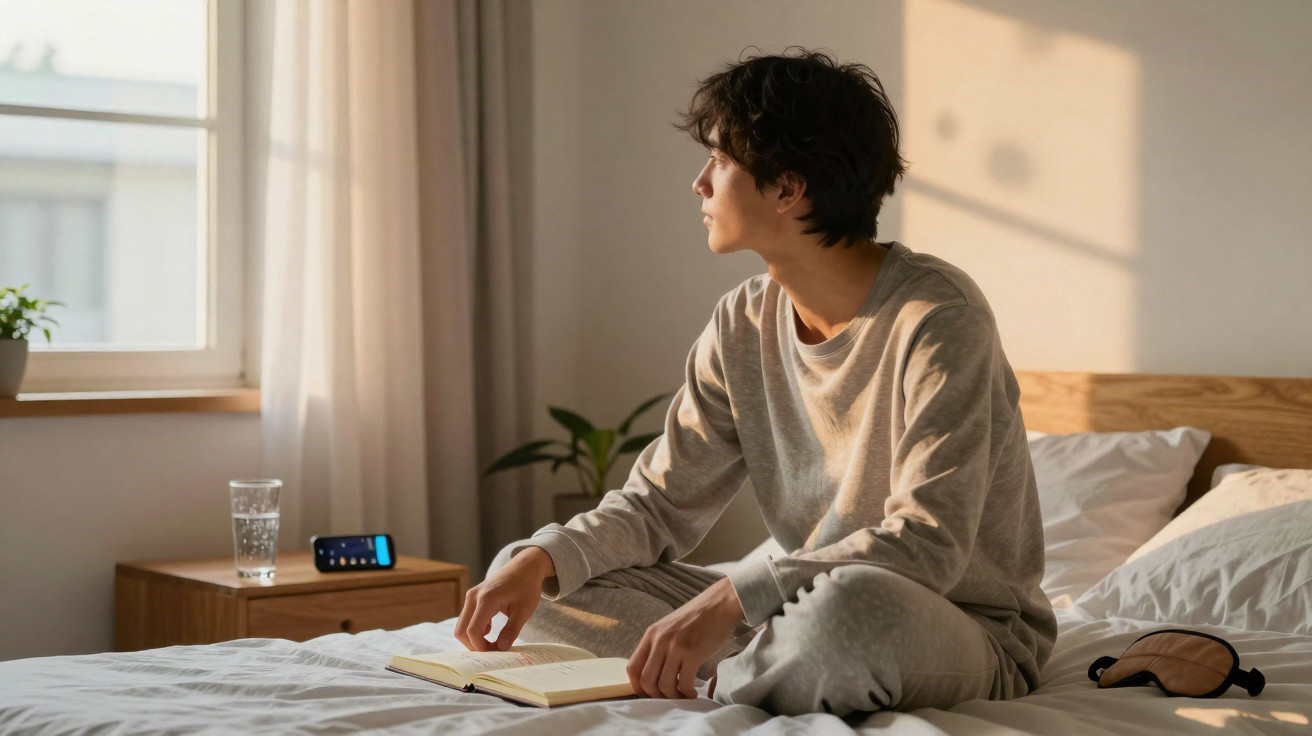 Pessoa sentada na cama a olhar pela janela, com livro aberto, máscara de dormir e despertador na mesa de cabeceira.