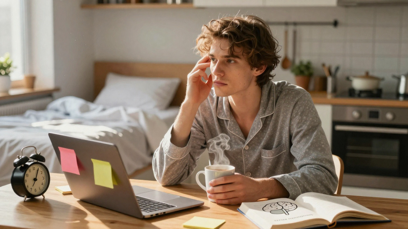 Jovem de pijama sentado à mesa com chá, laptop e livro, olhando pensativo numa manhã ensolarada.