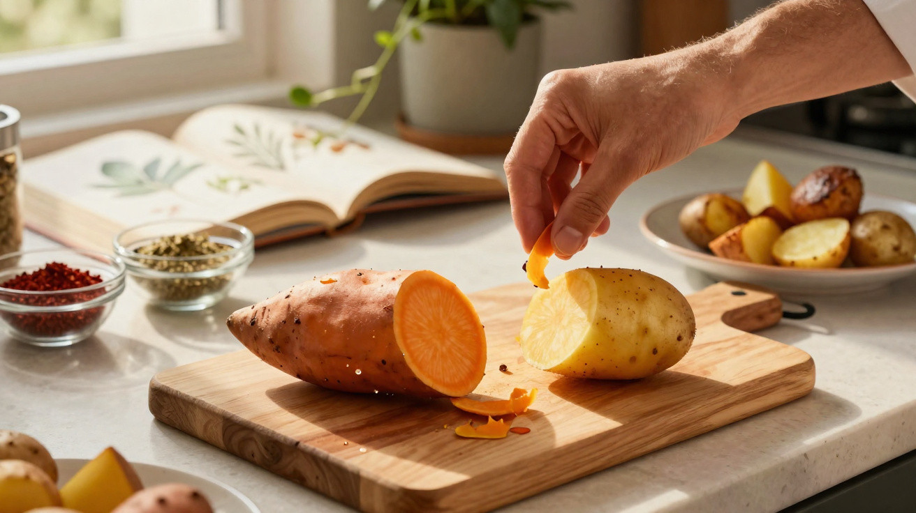 Mão a descascar batata e batata-doce numa tábua de madeira com especiarias e livro de receitas ao fundo.