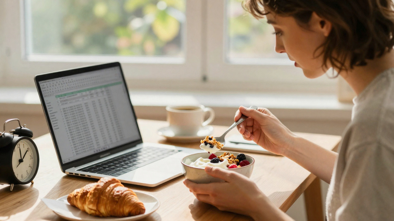 Mulher a comer iogurte com granola e frutos vermelhos enquanto trabalha no computador portátil numa mesa.