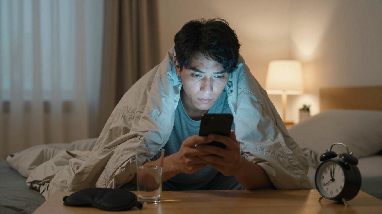 Homem deitado na cama coberto por um cobertor, olhando para o telemóvel numa divisão com luz baixa.