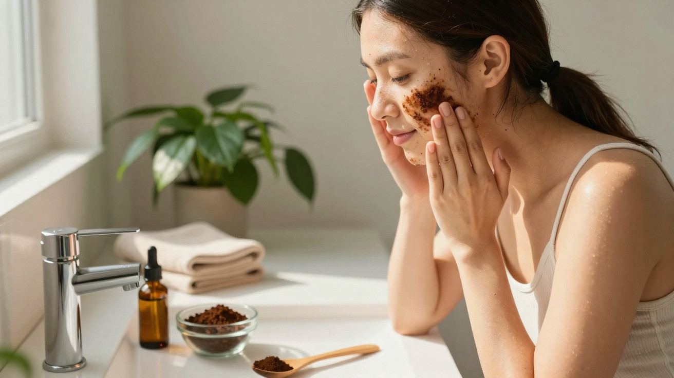 Mulher a aplicar esfoliante facial no rosto, sentada junto a uma bancada de casa de banho com plantas.