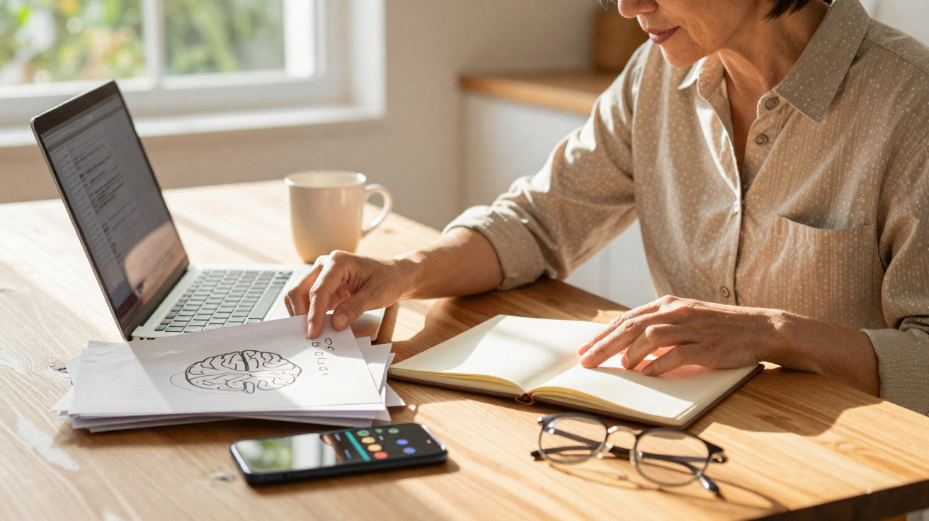 Mulher a estudar em casa com computador, caderno, smartphone e desenhos do cérebro numa mesa de madeira.