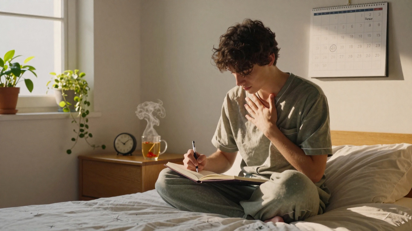 Jovem sentado na cama escreve num caderno, com chá fumegante e plantas numa mesa ao lado.