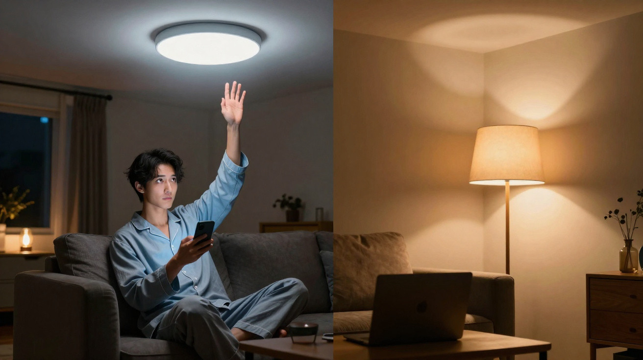 Homem sentado no sofá a apagar luz de teto com comando remoto numa sala iluminada por candeeiro de pé.