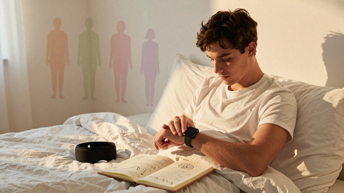 Jovem sentado na cama a olhar para o relógio inteligente com livro aberto e pulseira de fitness ao lado.