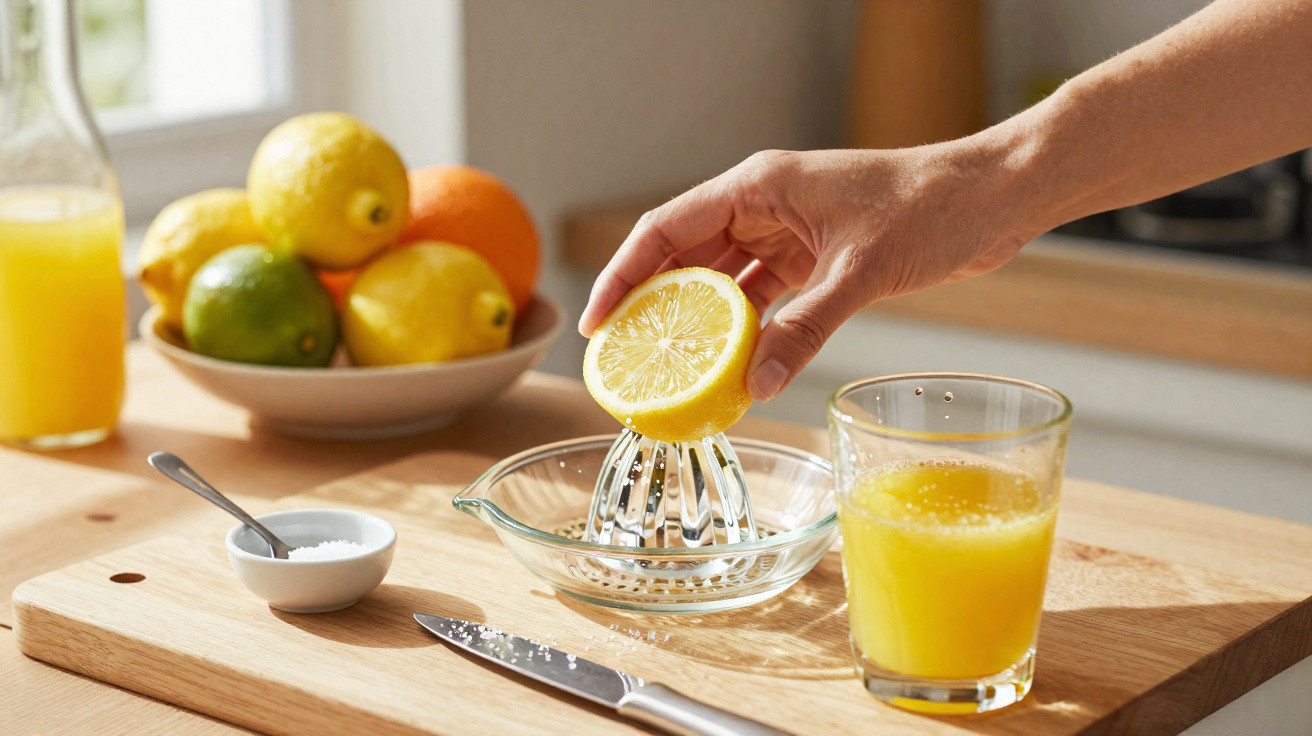 Pessoa a espremer sumo de limão numa espremedora de vidro com sumo de laranja numa mesa de cozinha.