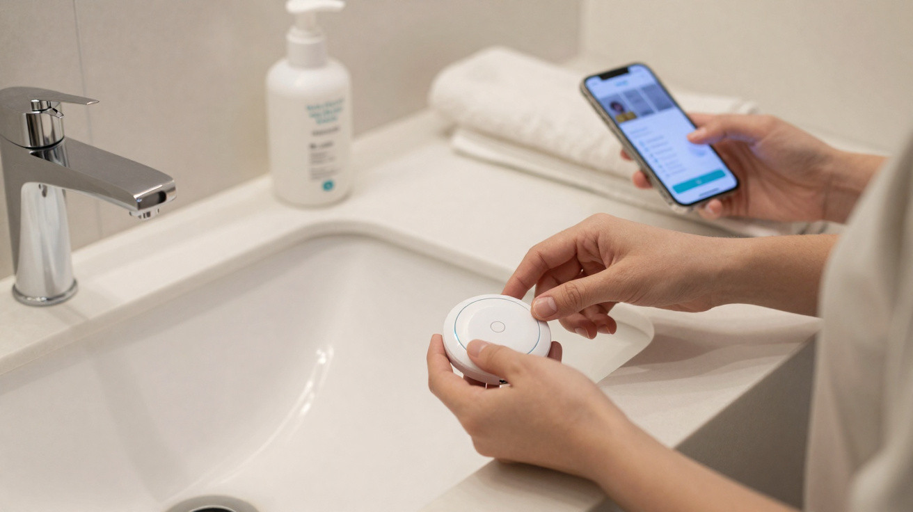 Pessoa a usar dispositivo médico conectado e smartphone junto a lavatório num ambiente de casa de banho.