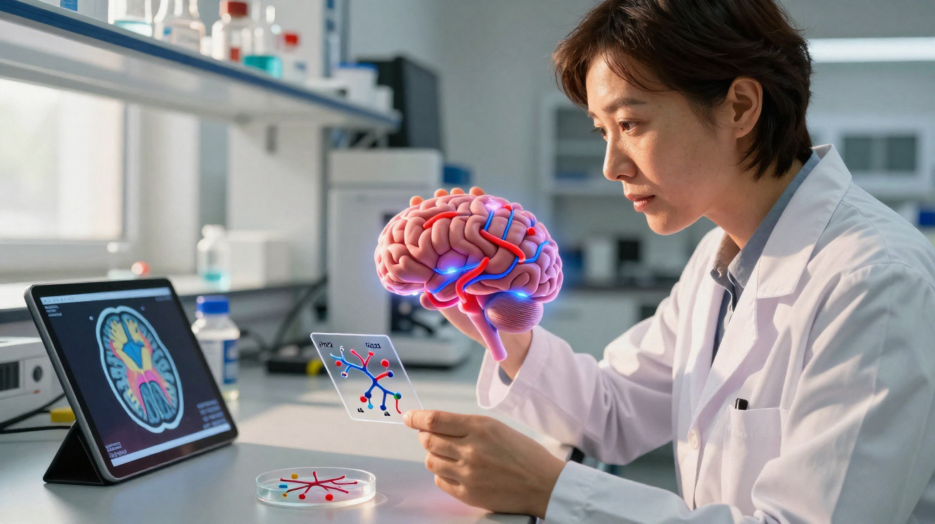 Cientista mulher em laboratório a estudar holograma 3D do cérebro humano com tablet e gráficos.