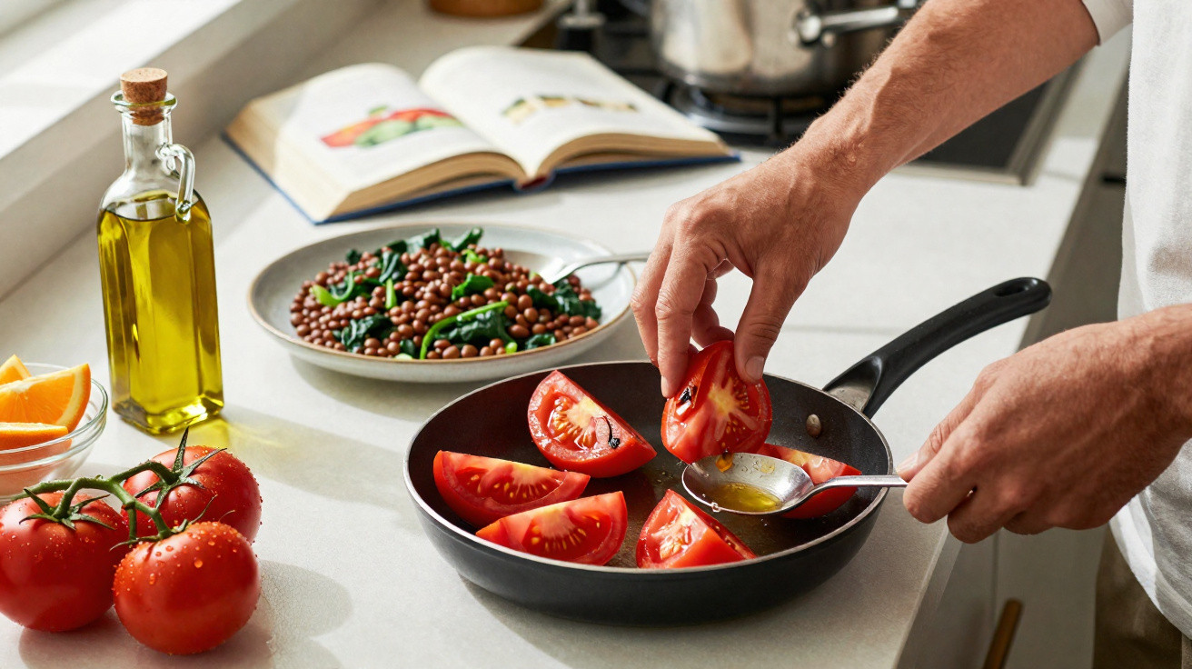 Pessoa a preparar tomates num tabuleiro, com azeite e legumes numa bancada de cozinha.