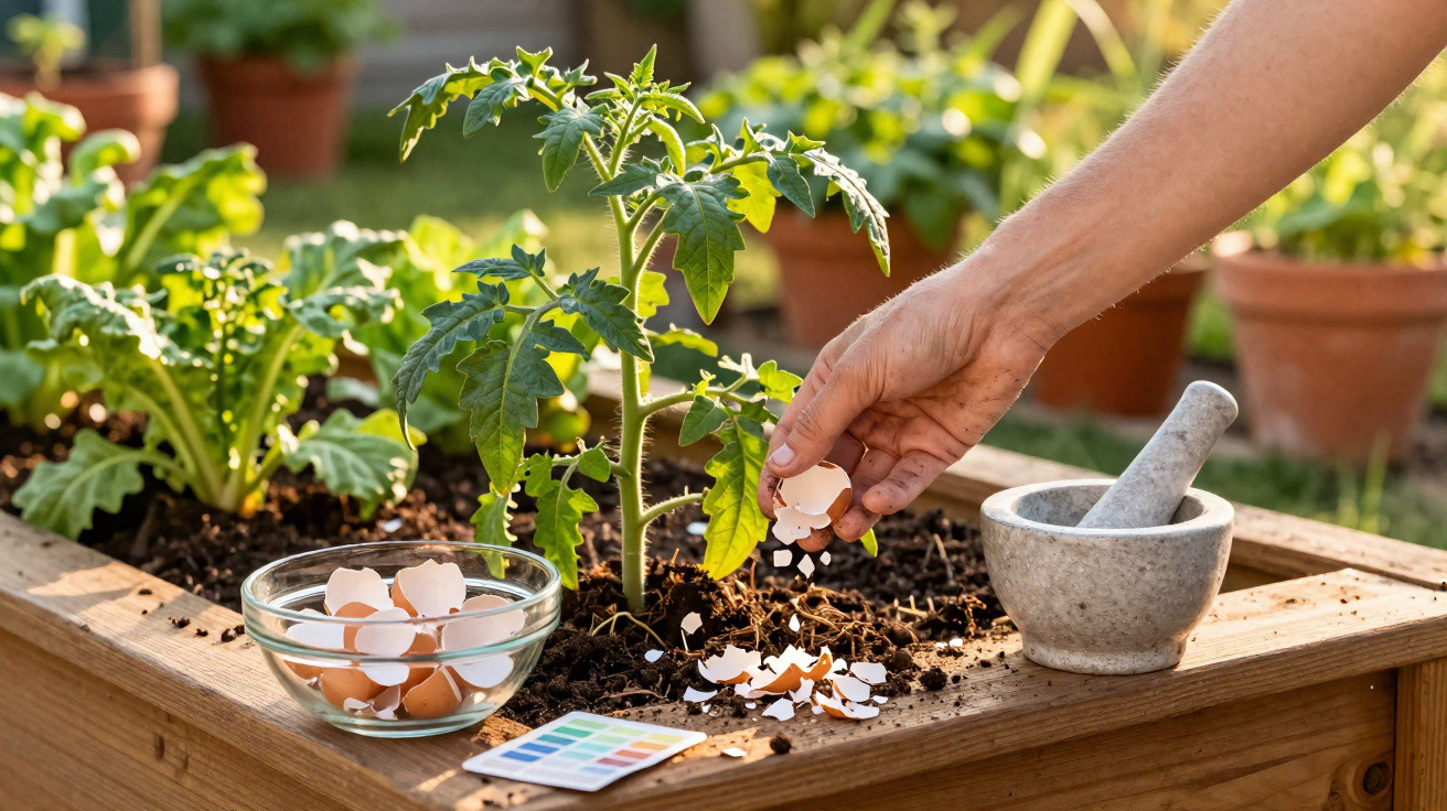 Pessoa a adicionar cascas de ovos ao solo de planta de tomate num jardim elevado.