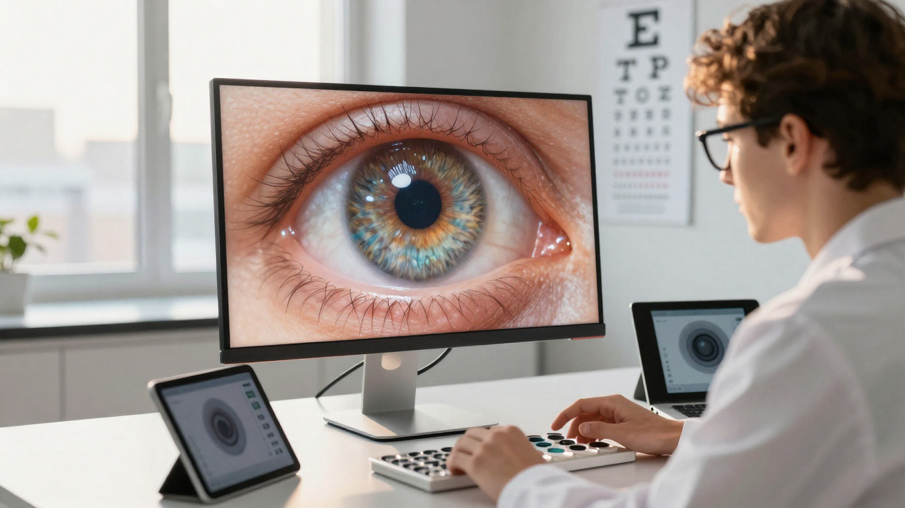 Pessoa a analisar imagem ampliada de olho humano num computador num consultório de oftalmologia.