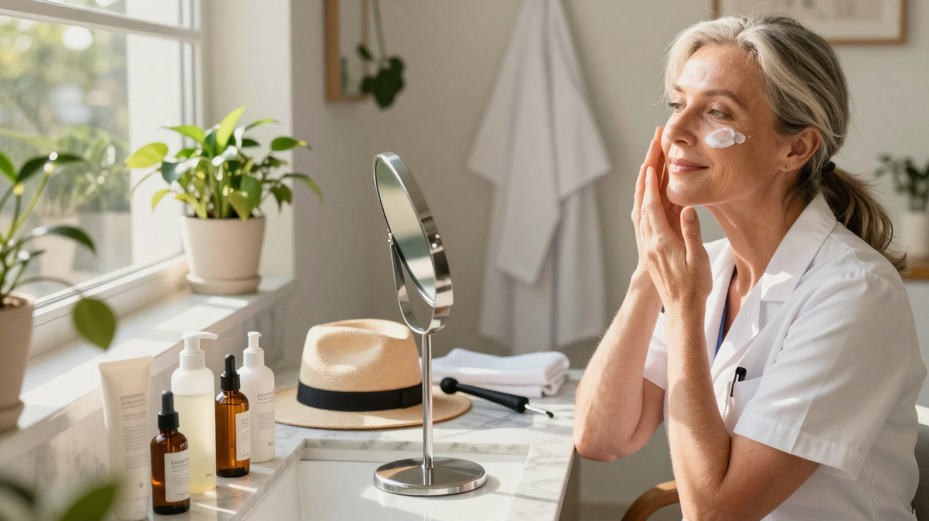 Mulher madura a aplicar creme facial junto a espelho numa casa de banho iluminada e decorada com plantas.
