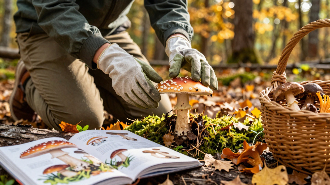 Pessoa com luvas examina cogumelo vermelho enquanto consulta livro e cesta na floresta no outono.