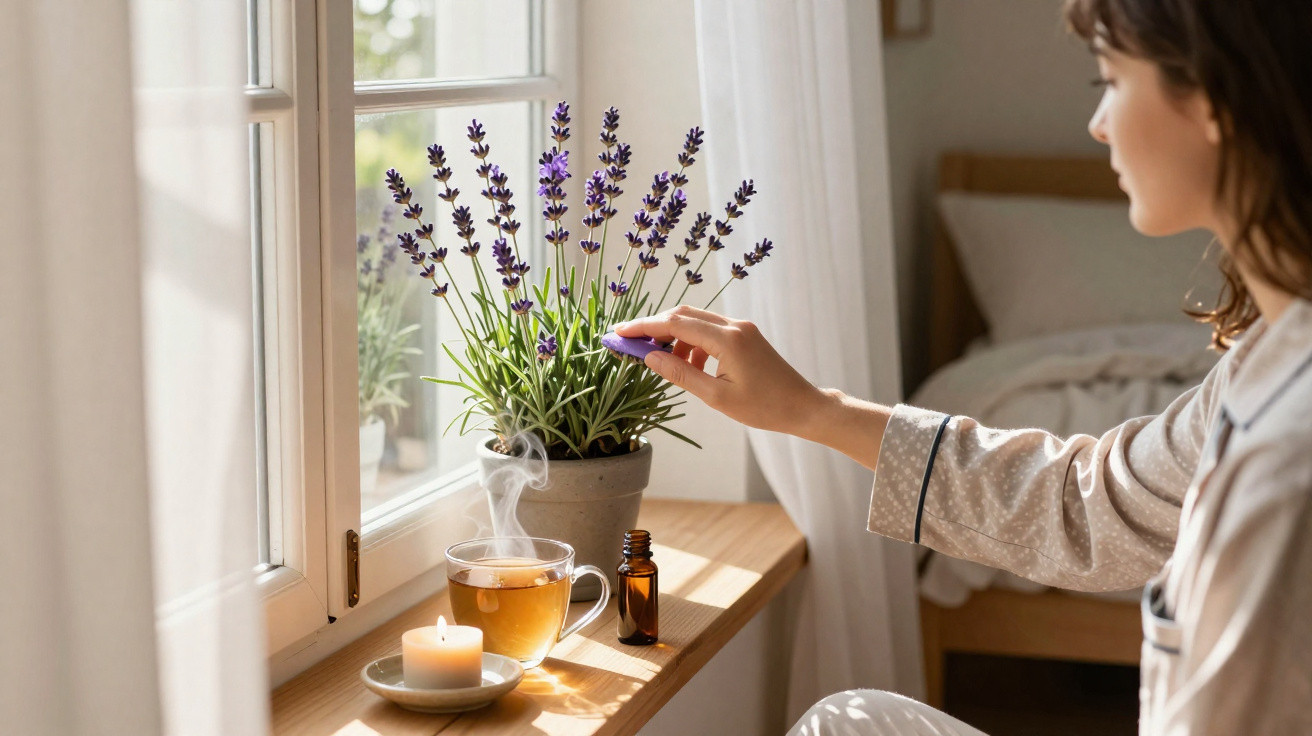Mulher em pijama junto a vaso de lavanda, vela acesa, chá quente e essência na janela iluminada pelo sol.