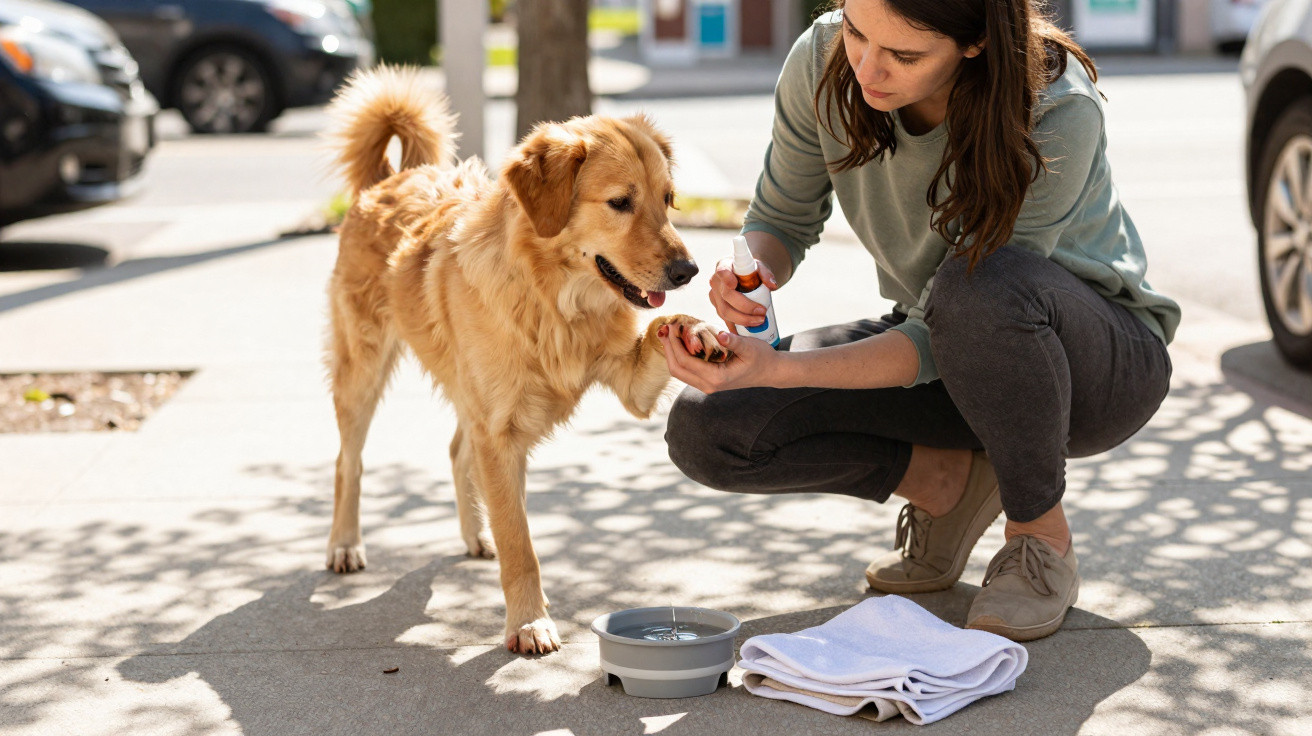 Mulher limpa a pata de um cão dourado na rua, com um recipiente de água e uma toalha ao lado.