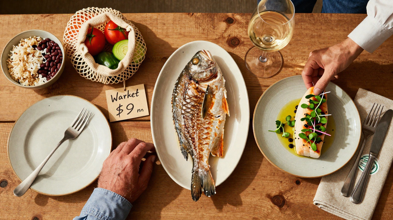 Mesa com prato de peixe grelhado, prato com peixe branco decorado, taça de vinho e legumes numa sacola de rede.
