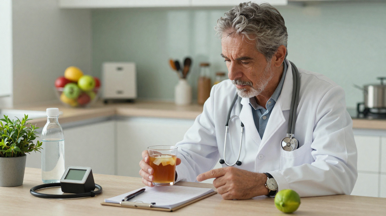 Médico sentado numa cozinha, segurando chá, consultando anotações com esfigmomanómetro na mesa.
