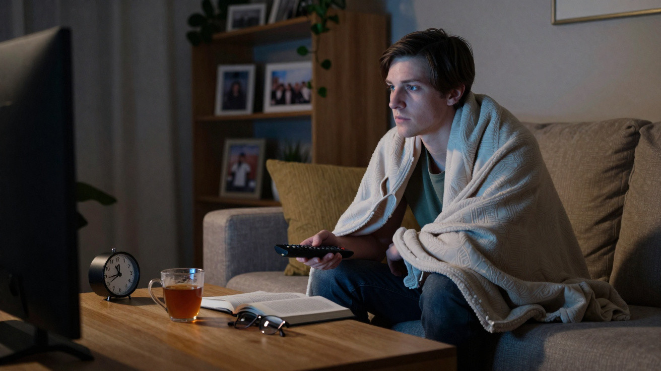 Jovem com manta vê televisão sentado no sofá tarde da noite, com chá e livro numa mesa à frente.