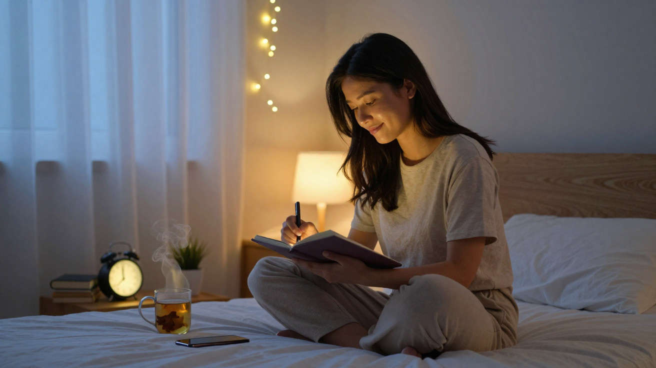 Mulher sentada na cama a escrever num caderno, com luz suave e chá quente numa mesa ao lado.
